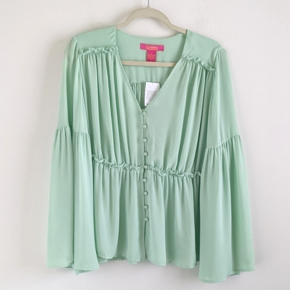 CATHERINE Mint Button Up V Neck Peplum Blouse M